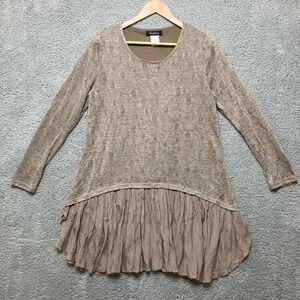 Sassybling Tunic Top Women L Taupe Brown Textured Long Sleeve Ruffle Hem Tiered